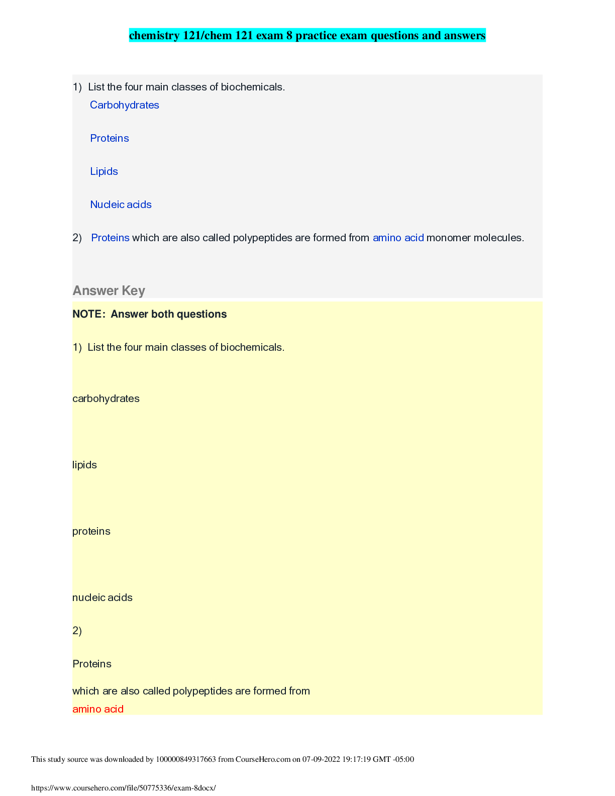 Preview image for chemistry 121 chem 121 exam 8 practice exam questions and answers